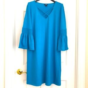 A.N.A Women’s Dress L Polynesian Blue 3/4 Frilly Sleeves V neck New NWOT